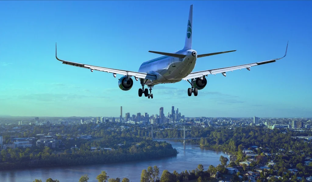 Airplane flying high in a clear blue sky